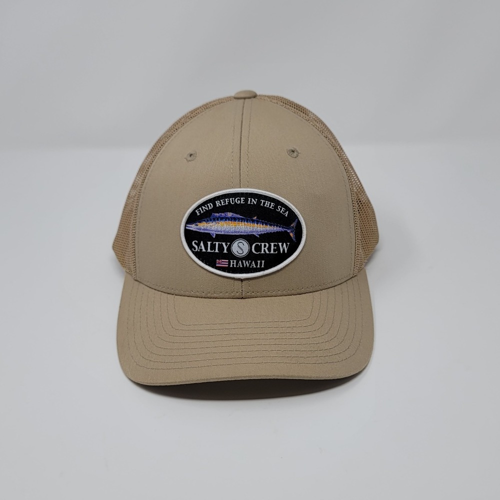 Yupoong‎ Classics Salty Crew Patch Trucker Hat Snapback Cap Hawaii Flag Tan Mesh